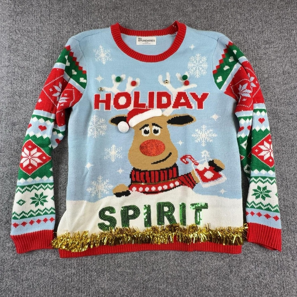 No Boundaries Reindeer Ugly Christmas Sweater Juniors XL Holiday Spirit Blue